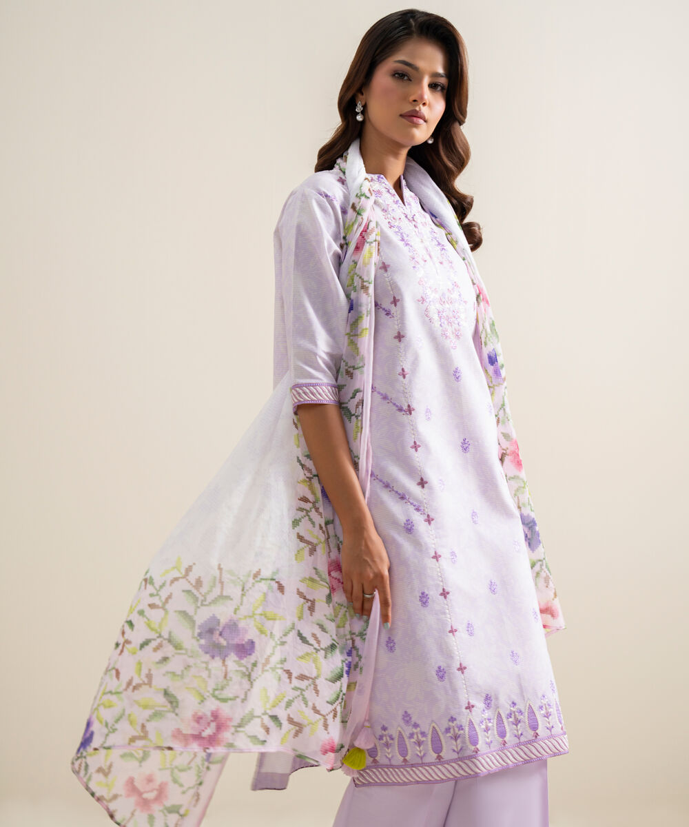 Women's Unstitched Zari Cotton Embroidered Purple 3 Piece Suit