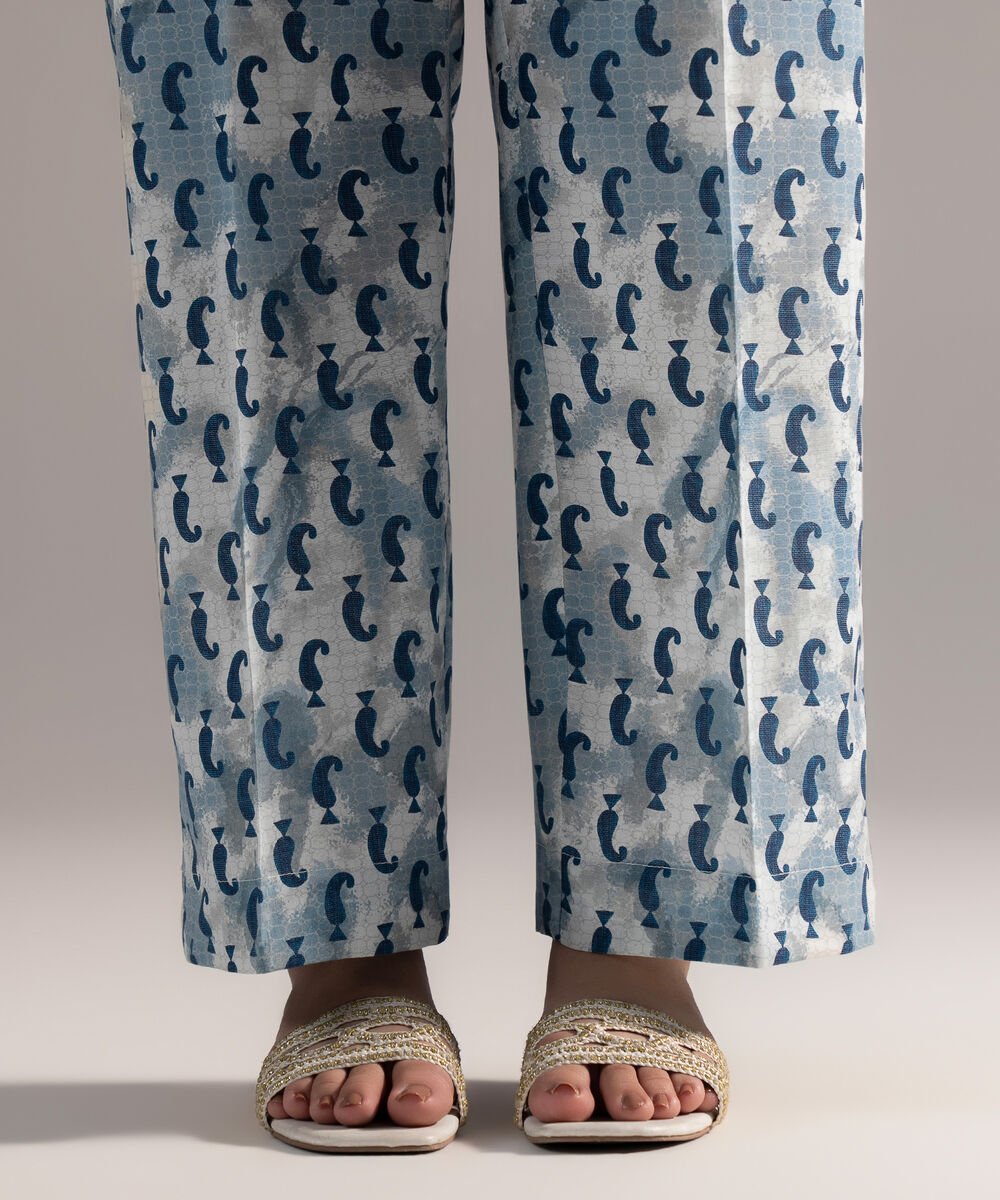 Women's RTW Cambric Printed Blue Straight Pants