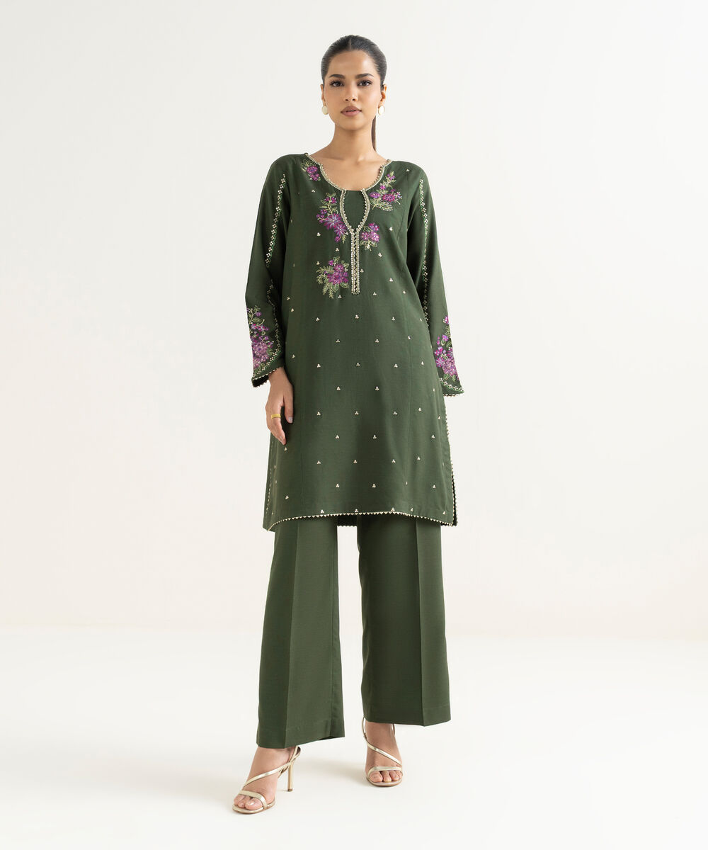 Women's RTW Cotton Viscose Green Embroidered A-Line Shirt
