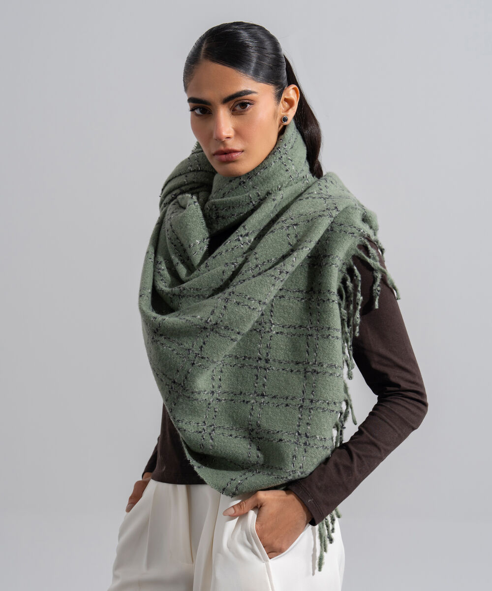Women's Western Wear Green Polyester Textured Woolen Scarf
