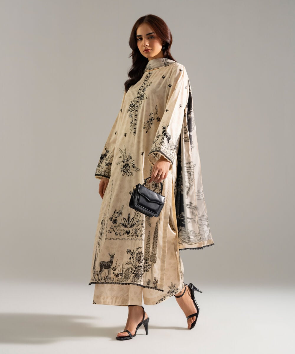 Women's RTW Lawn Embroidered Off White 3 Piece Suit