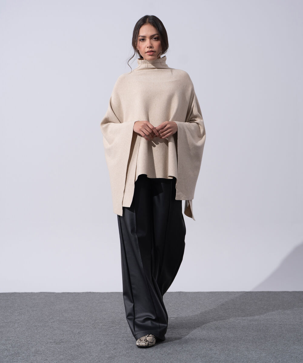 Women's Western Wear Beige Cape Knit Jumper