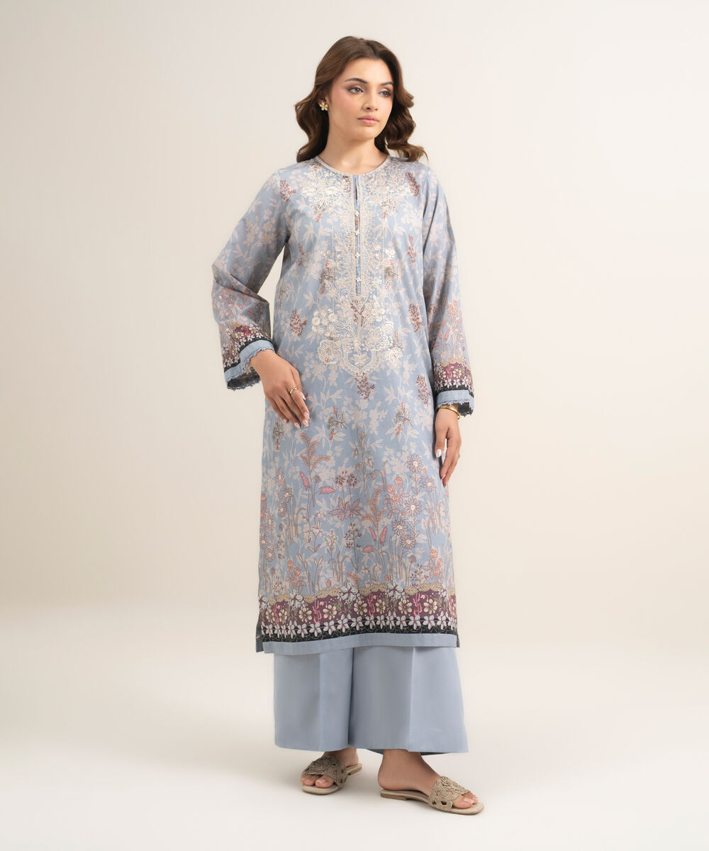 Women's RTW Lawn Embroidered Steel Grey A-Line Shirt
