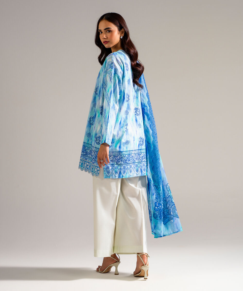 Women's RTW Dobby Embroidered Blue 3 Piece Suit