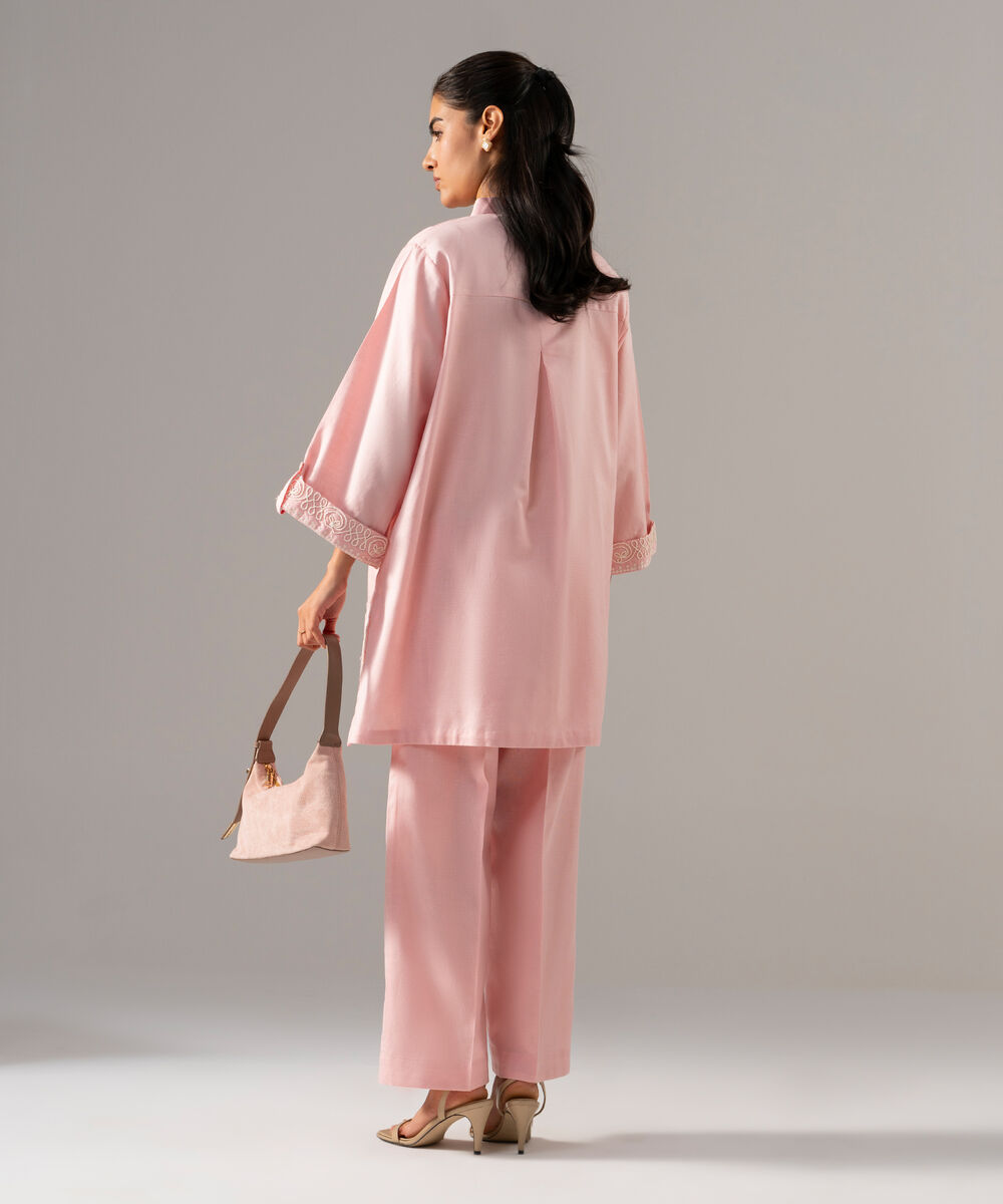 Women's RTW Cotton Linen Embroidered Pink 2 Piece Suit