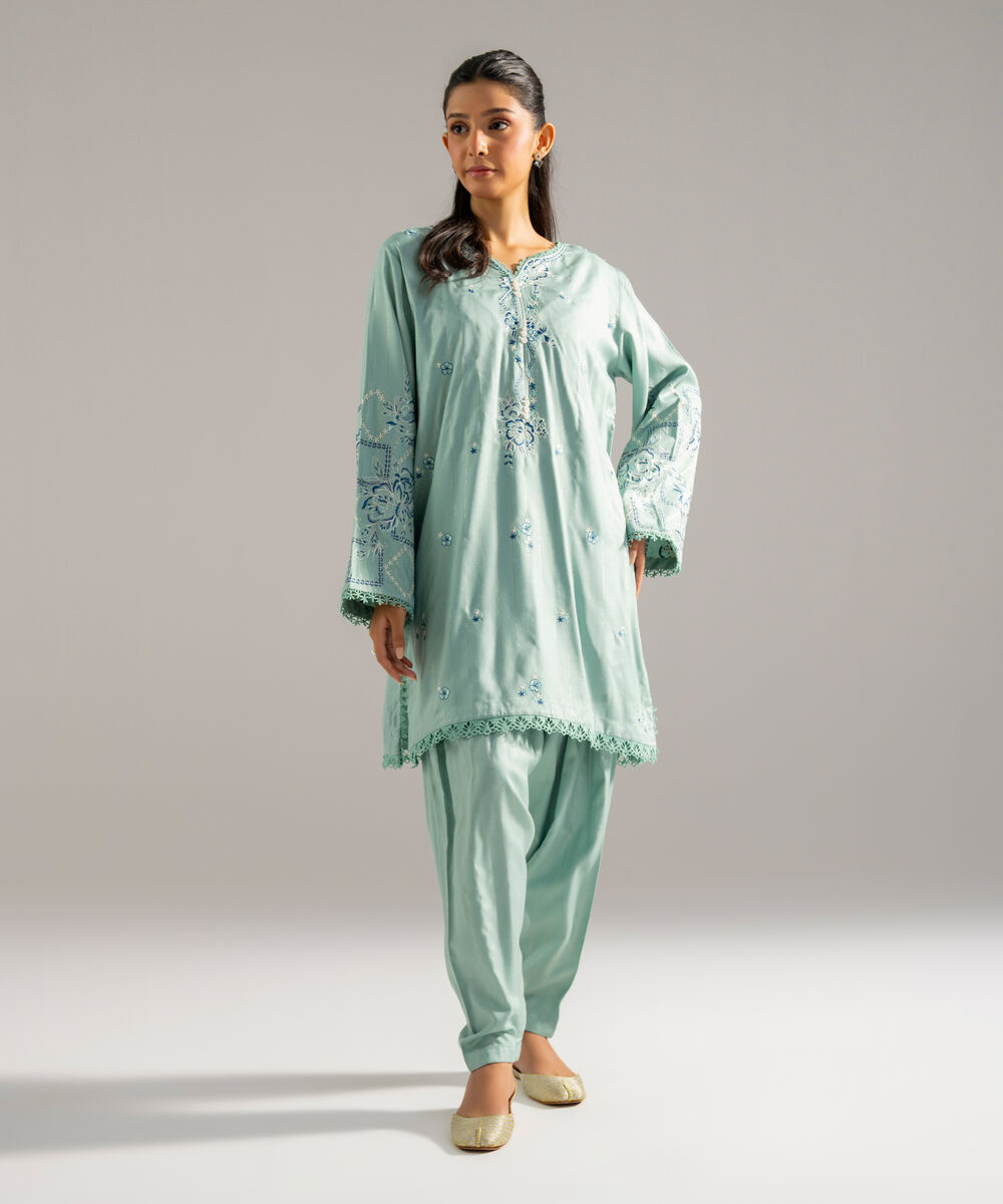 Women's RTW Dobby Crepe Lurix Solid Embroidered Seaform Green Straight Shirt