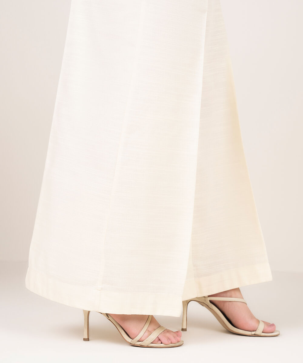 Women's RTW Khaddar Solid Off White Flared Pants