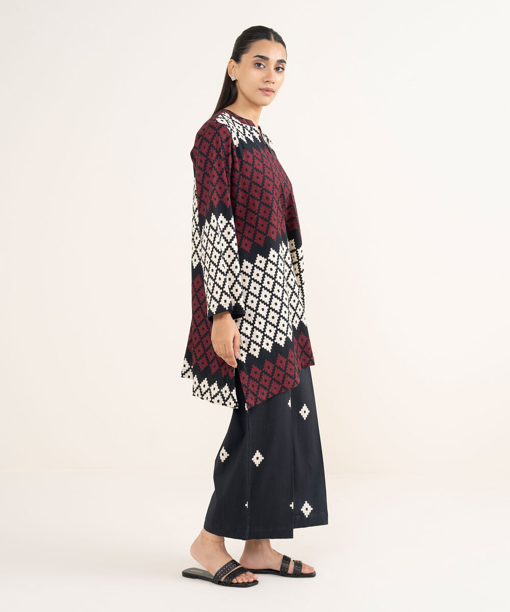 Women's RTW Seersucker Black Printed Drop Shoulder Shirt