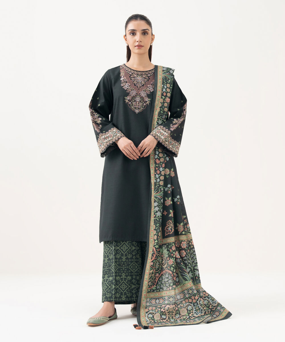 Women's Unstitched Light Khaddar Embroidered Green 3 Piece Suit