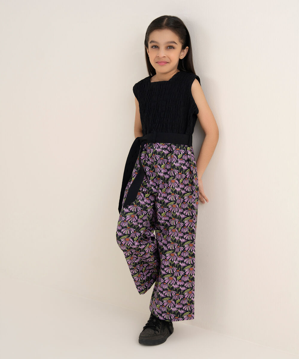 Girl's Khaddar Printed Black Jumpsuit