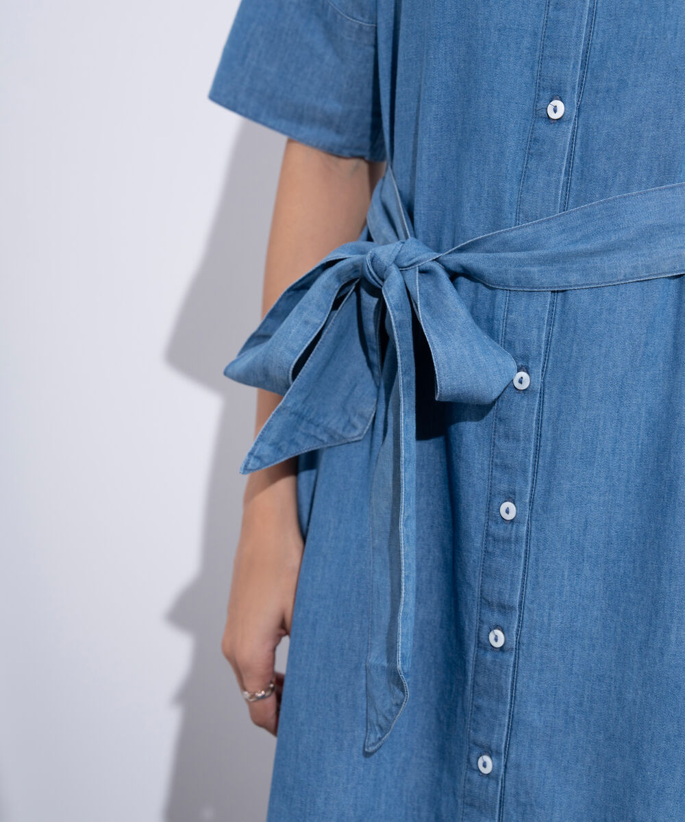 Women's Western Wear Blue Denim Short Sleeve Dress With Belt
