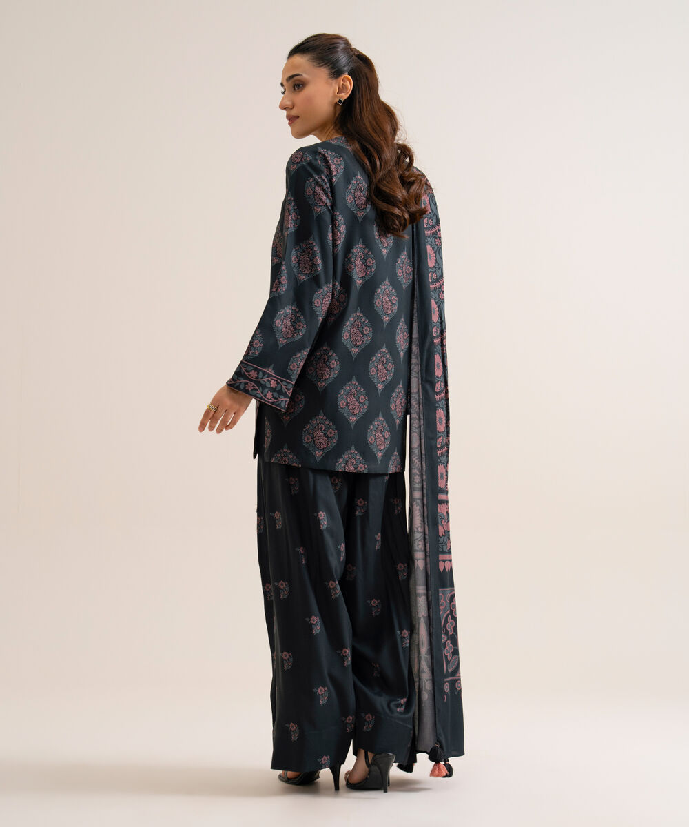 Women's Unstitched Viscose Linen Printed Black 3 Piece Suit