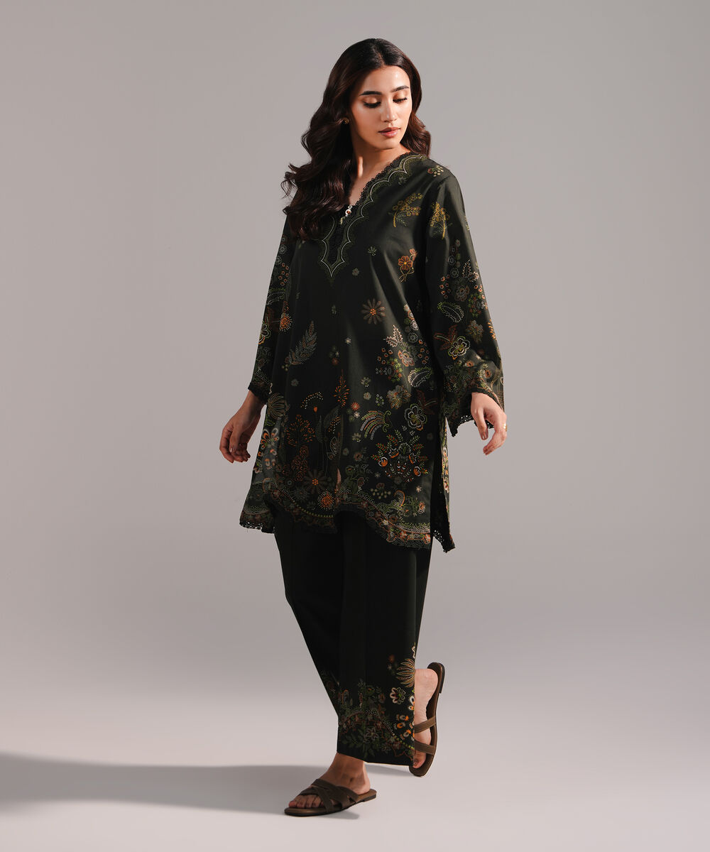 Women's RTW Lawn Printed Dark Green 2 Piece Suit