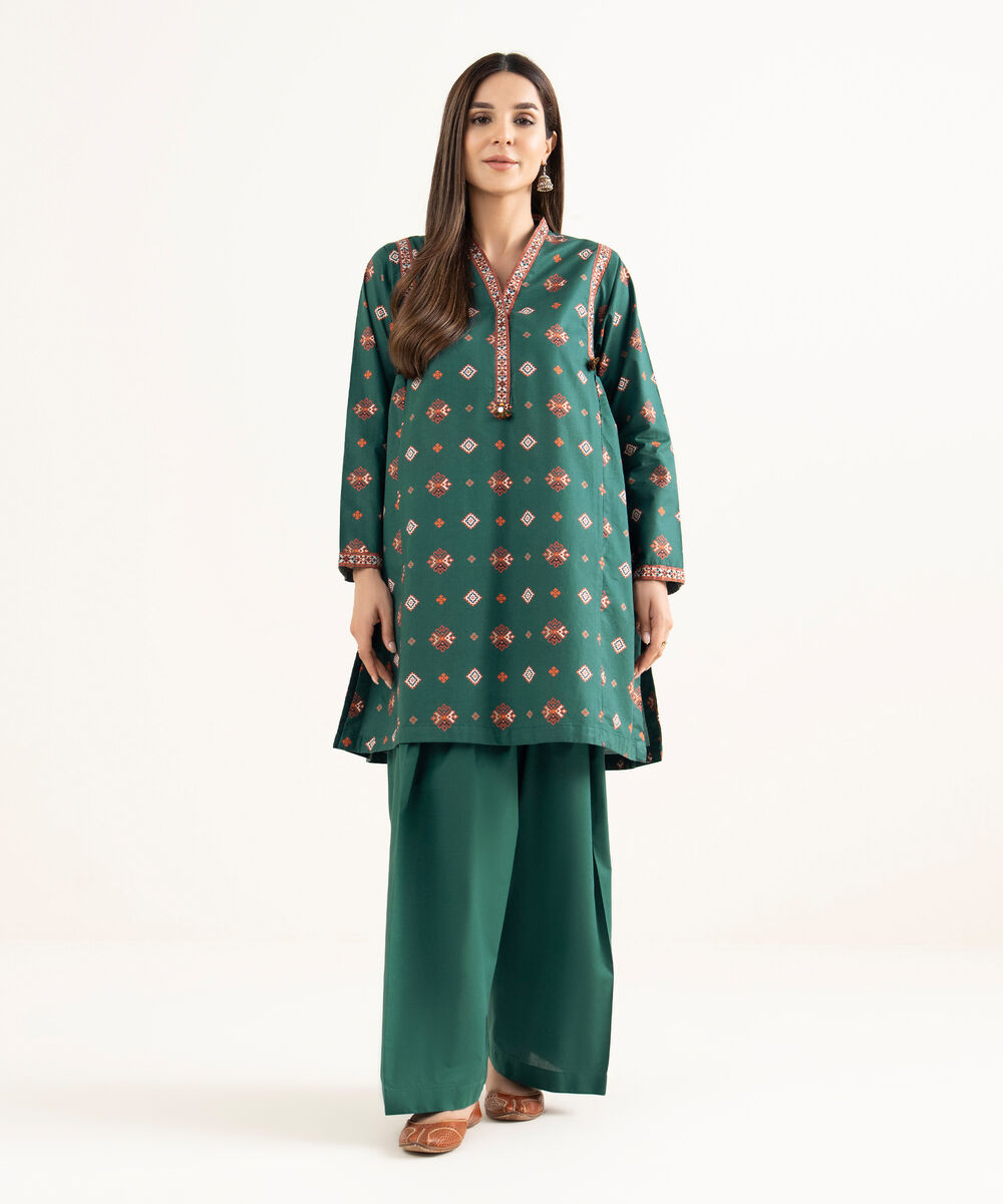 Women's RTW Cambric Green Printed A-Line Shirt