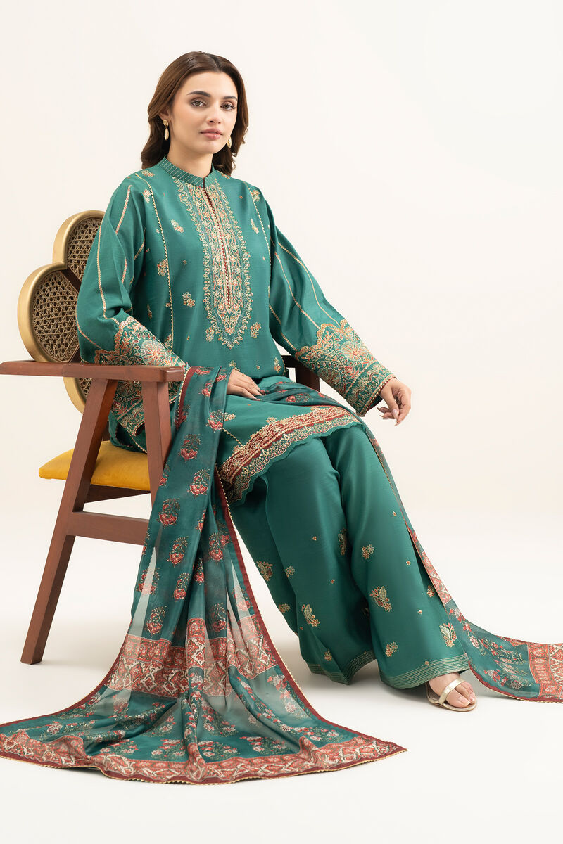 3 Piece - Embroidered Raw Silk Suit
