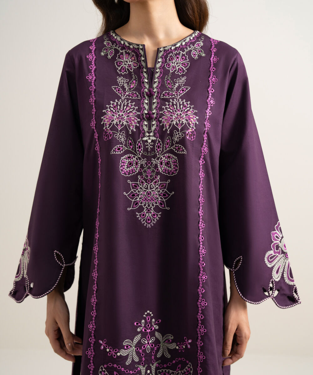 Women's Unstitched Textured Lawn Embroidered Deep Purple 3 Piece Suit