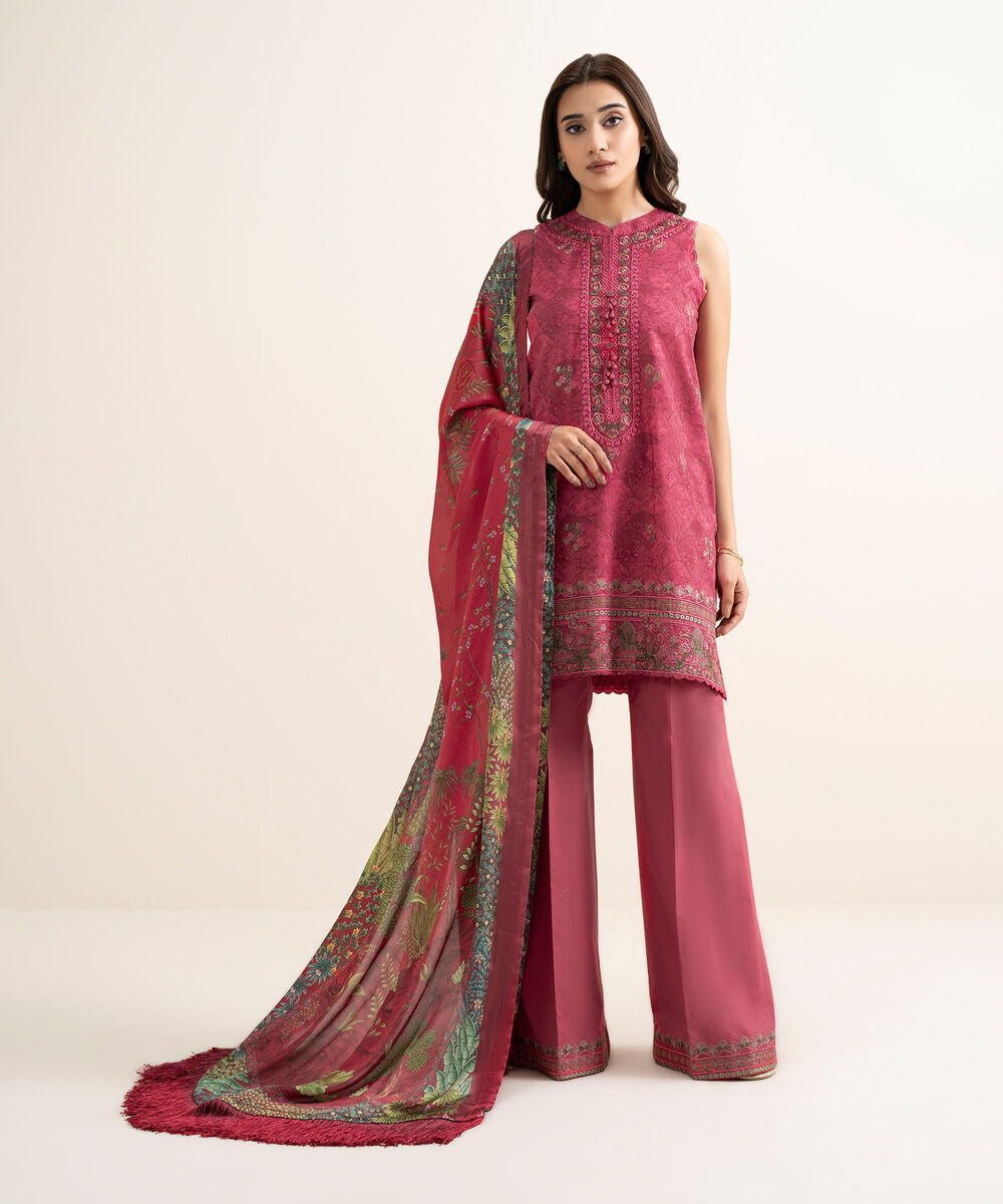 Women's Unstitched Lawn Embroidered Pink 3 Piece Suit