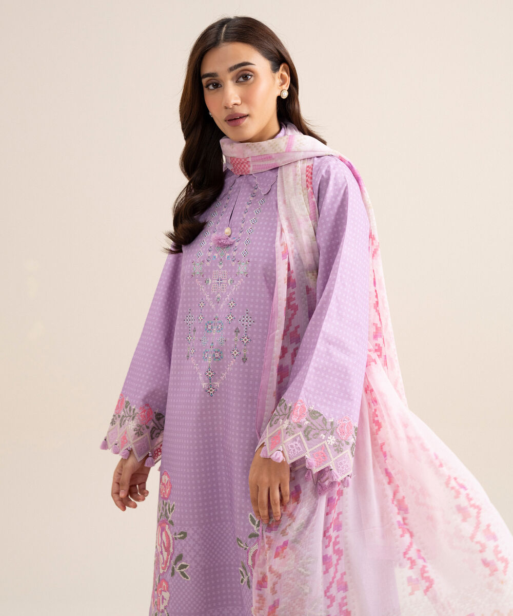 Women's Unstitched Zari Cotton Embroidered Lilac 3 Piece Suit