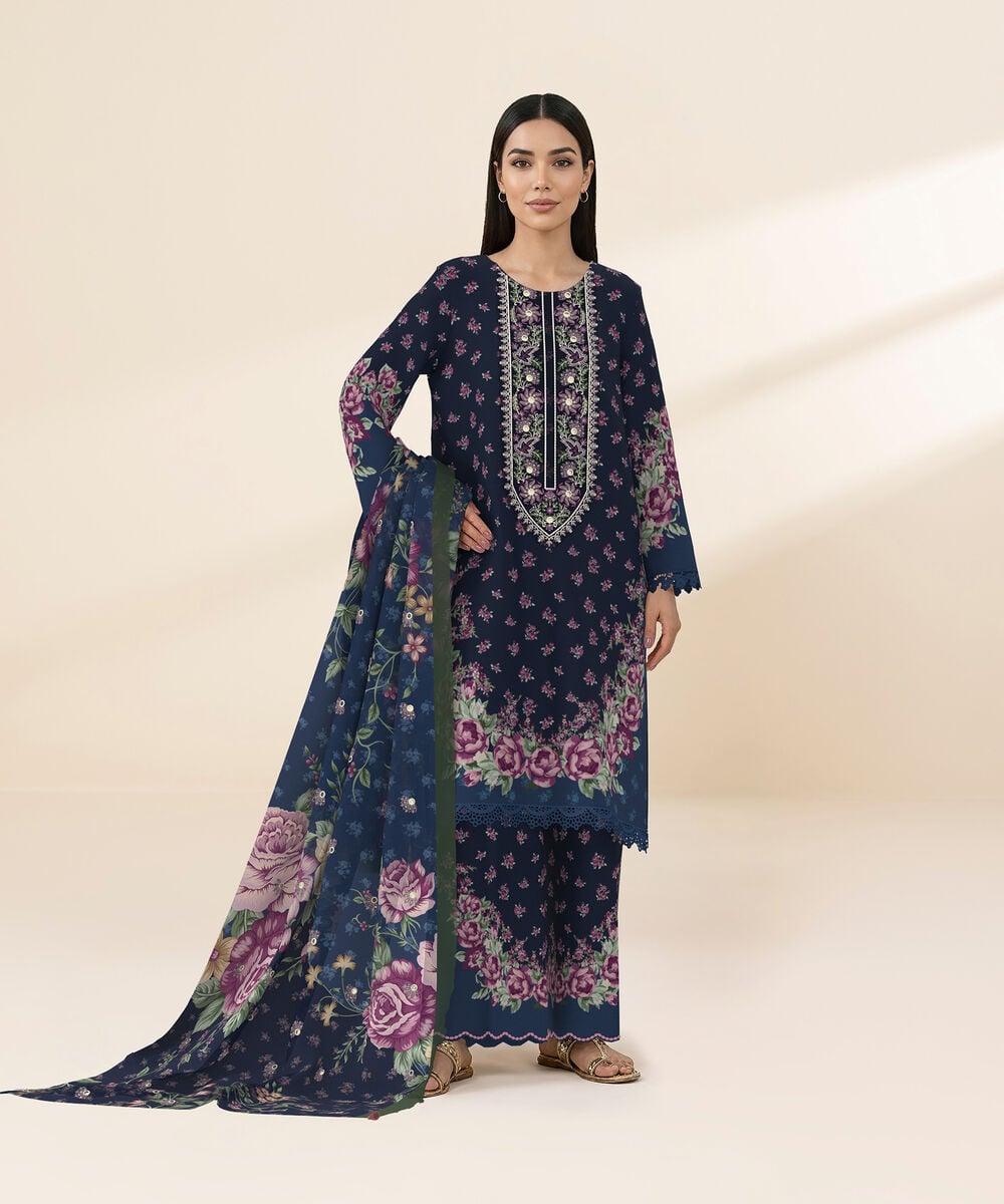 Women's Unstitched Lawn Blue Embroidered 3 Piece Suit