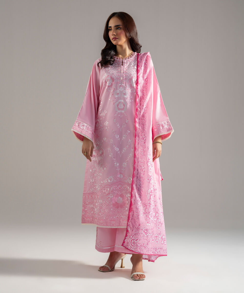Women's RTW Cambric Solid Embroidered Pink 3 Piece Suit