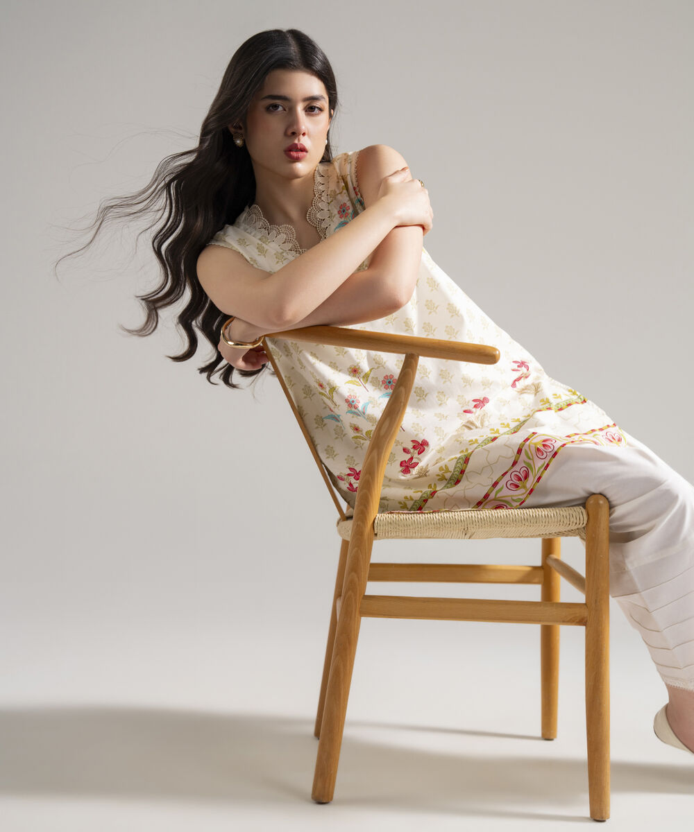 Women's RTW Slub Lawn Printed Cream White Straight Shirt