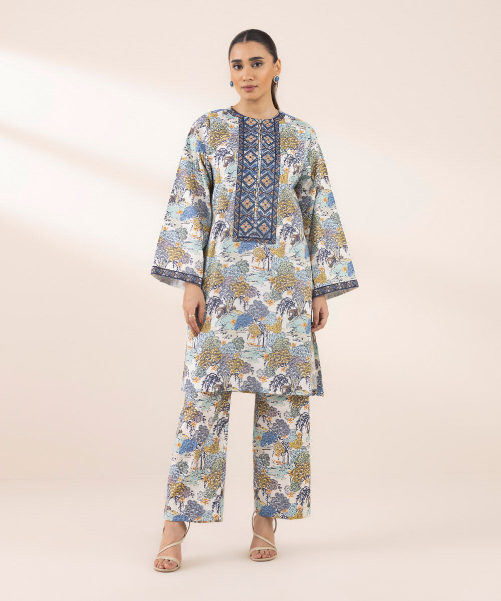 Women's RTW Cotton Viscose Blue Embroidered Boxy Shirt