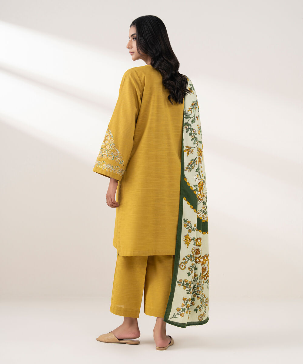 Women's RTW Khaddar Embroidered Mustard 3 Piece Suit
