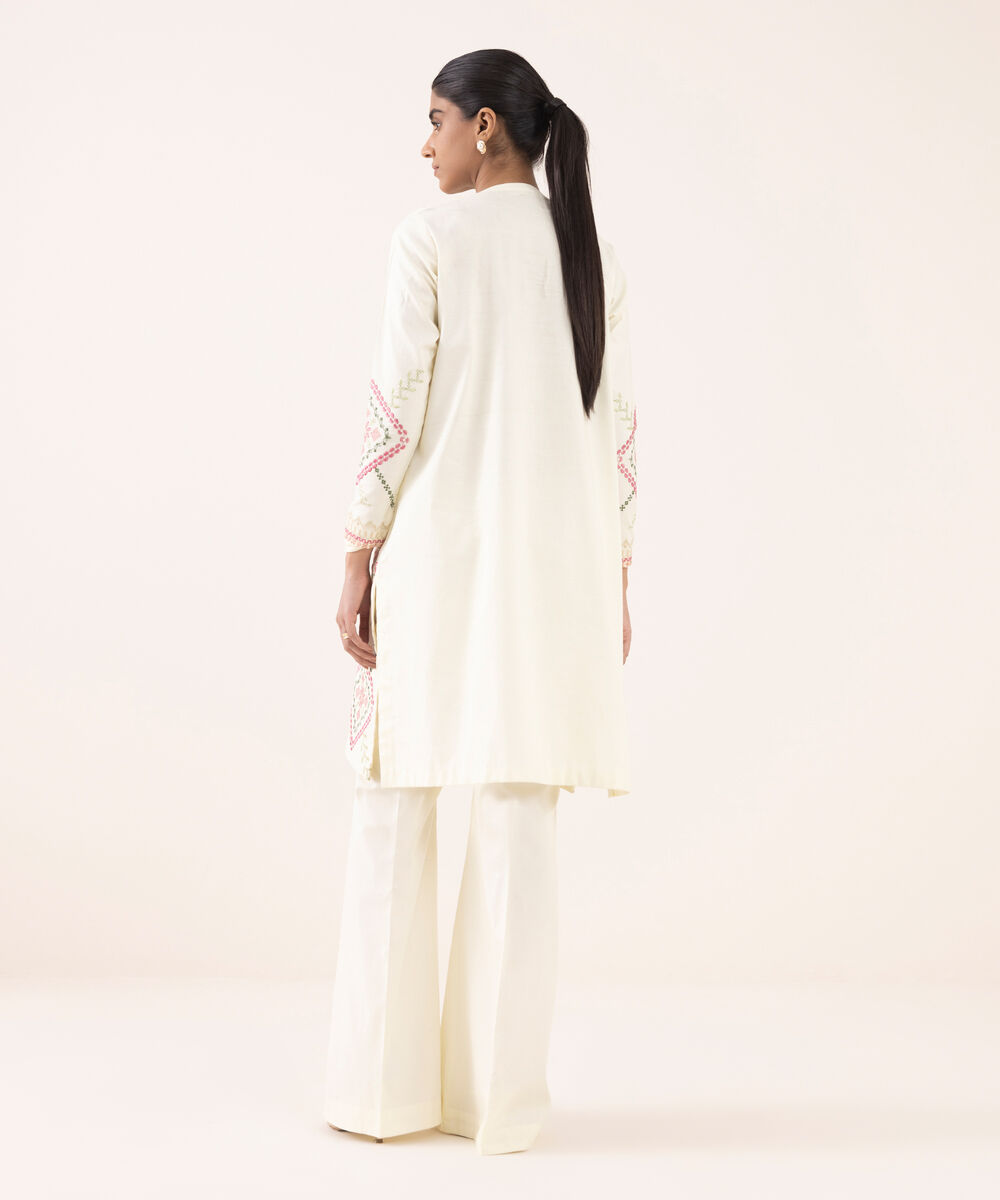 Women's Unstitched Cotton Embroidered Off White Two Piece Suit