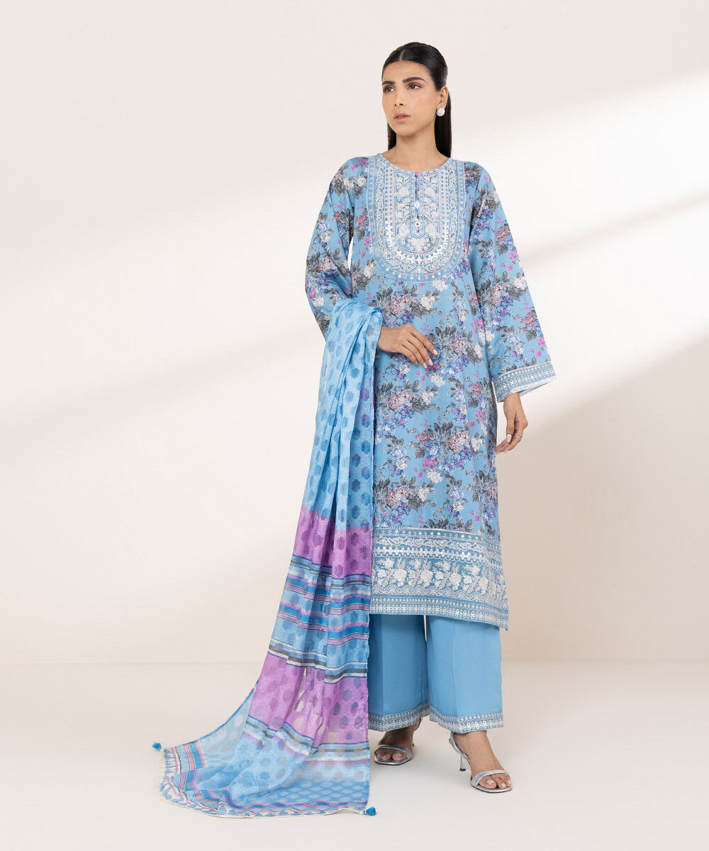 Women's RTW Cotton Satin Blue Embroidered A-Line Shirt