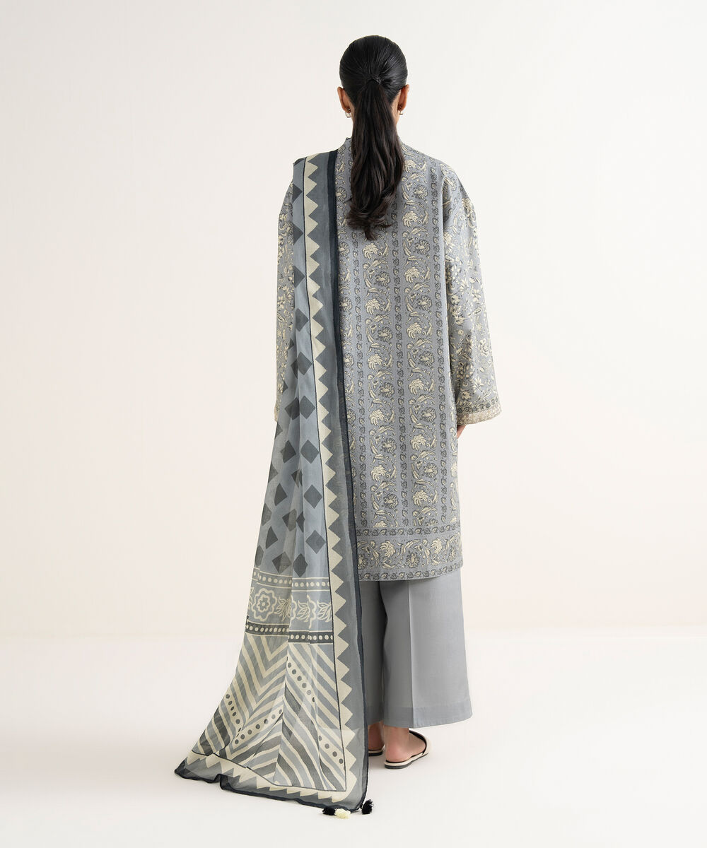 Women's Unstitched Cotton Printed Grey 3 Piece Suit