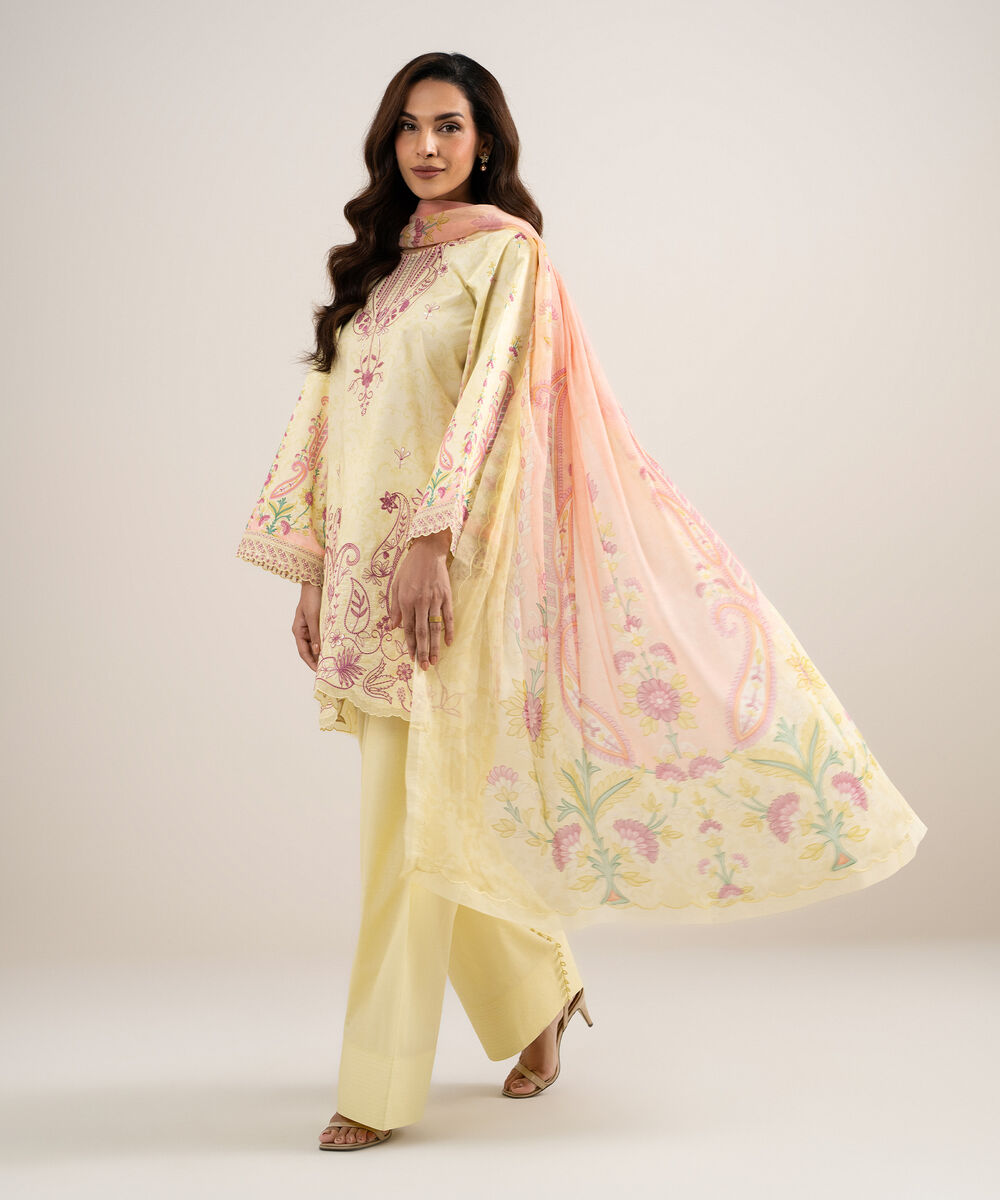 Women's Unstitched Lawn Embroidered Yellow