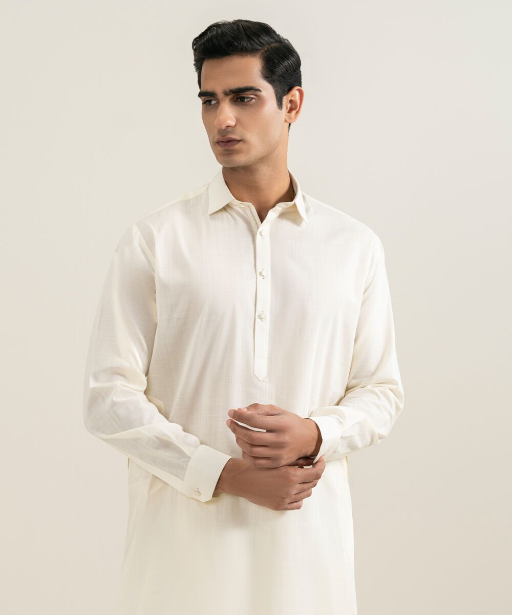 Men's light cream Slub Cotton Kameez Shalwar