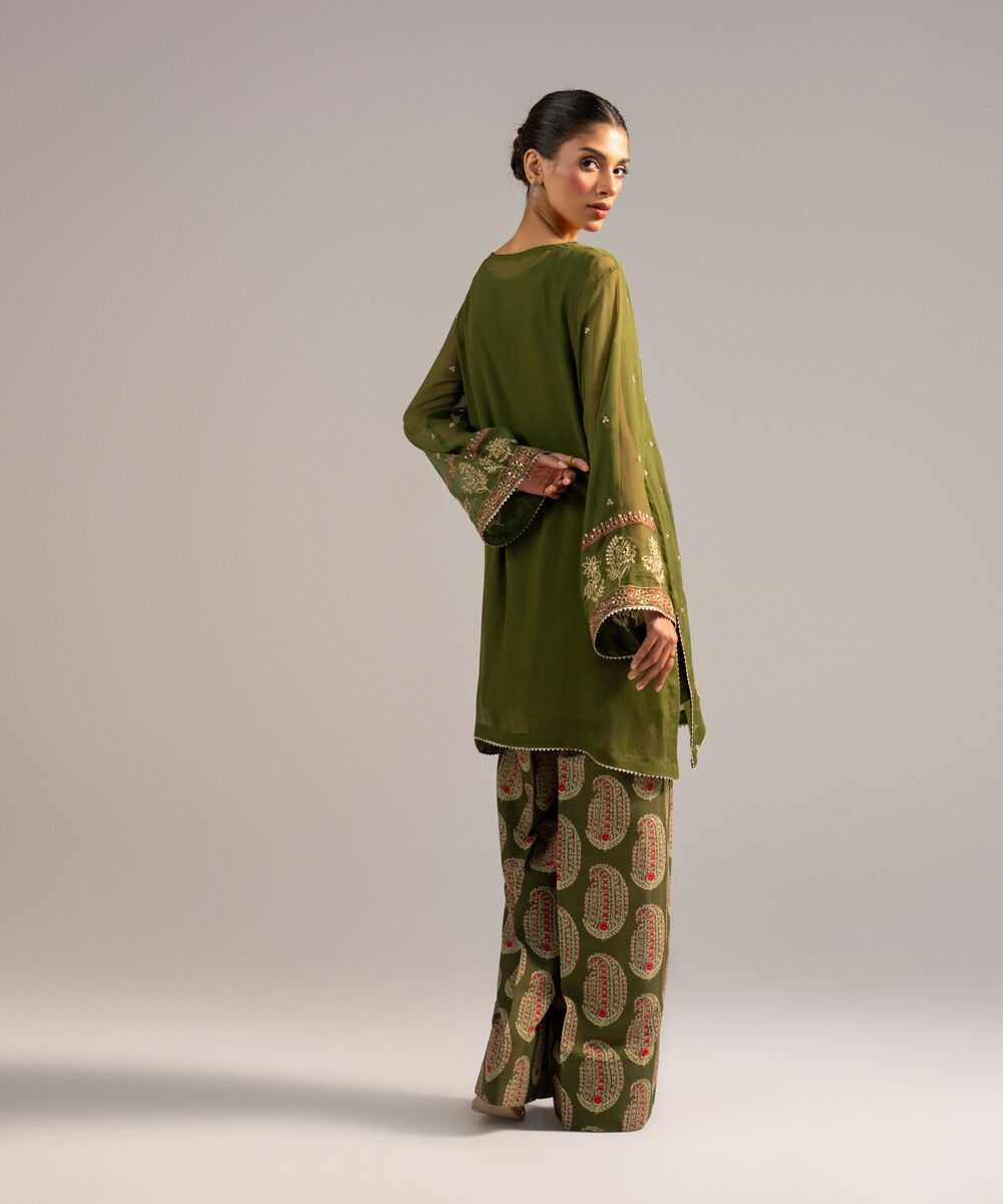 Women's RTW Chiffon Embroidered Green 2 Piece Suit