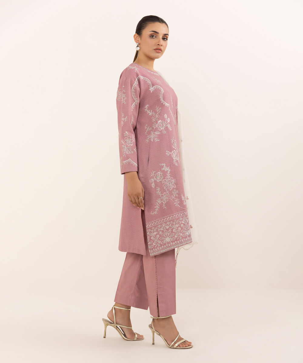 Women's Unstitched Dobby Embroidered Pink Three Piece Suit