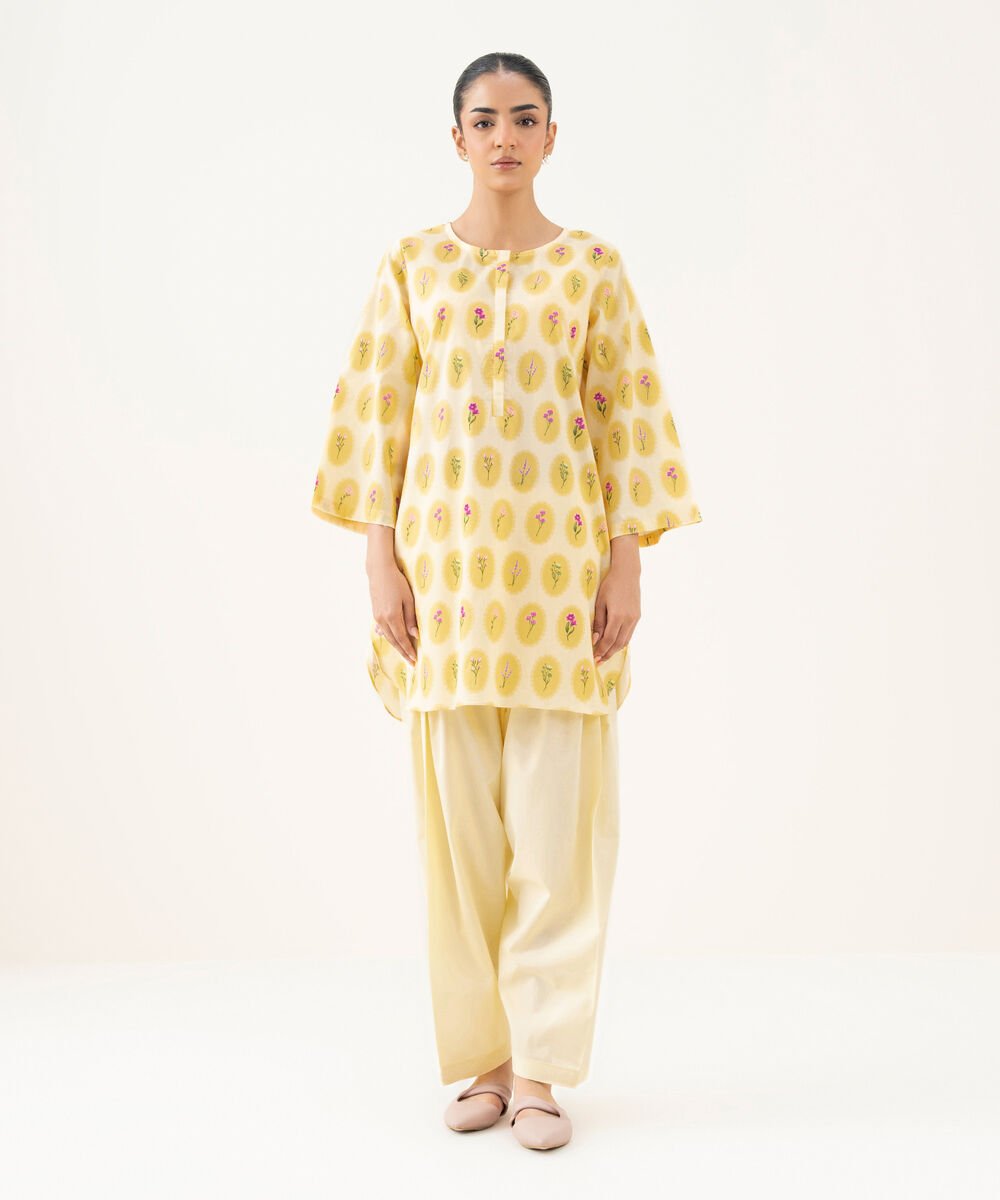 Women's RTW Cambric Printed Yellow Straight Shirt