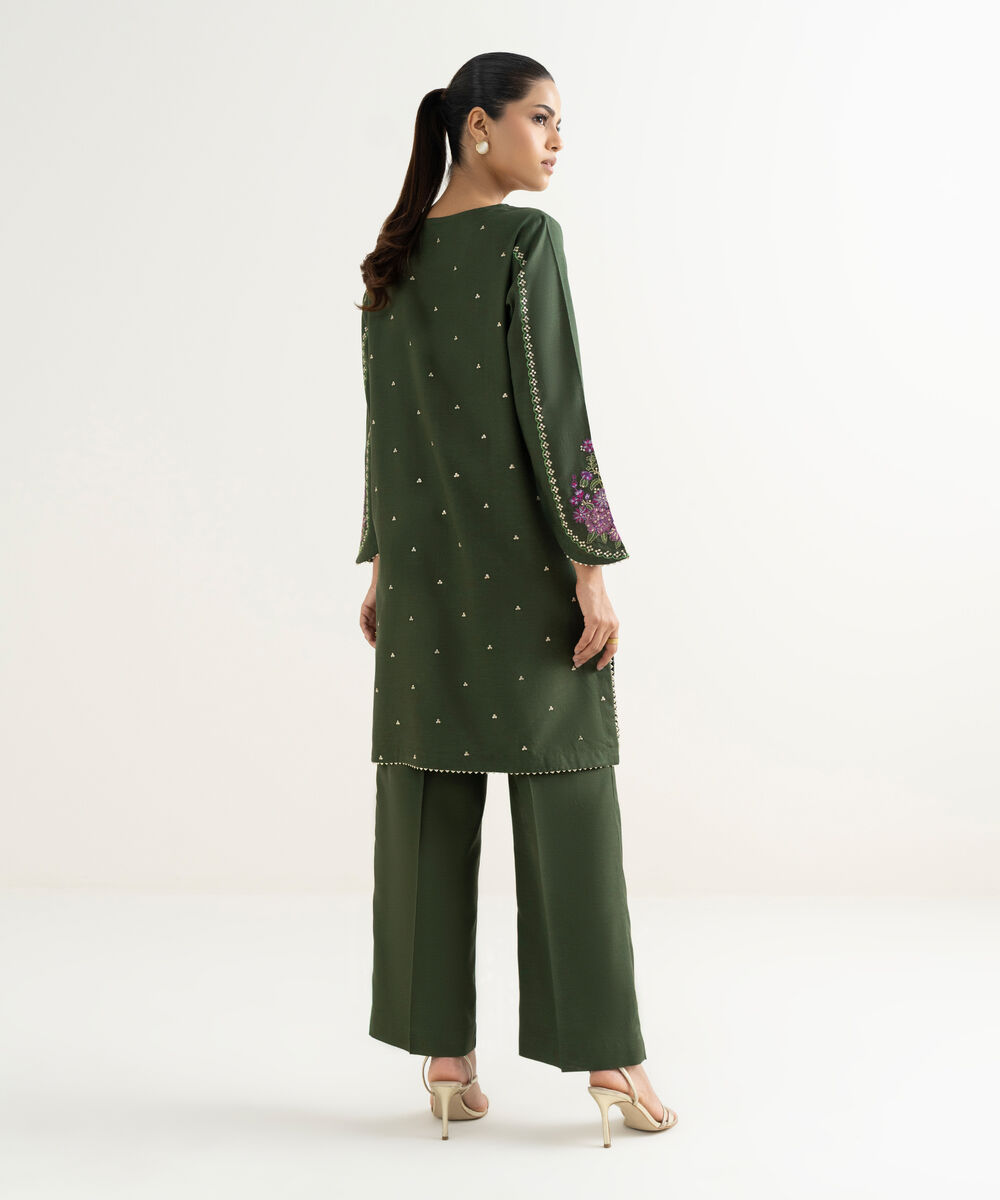 Women's RTW Cotton Viscose Green Embroidered A-Line Shirt