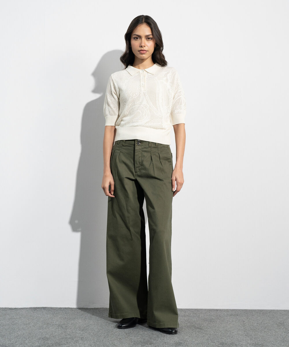 Women's Western Offwhite Pointelle Summer Knit Polo Top