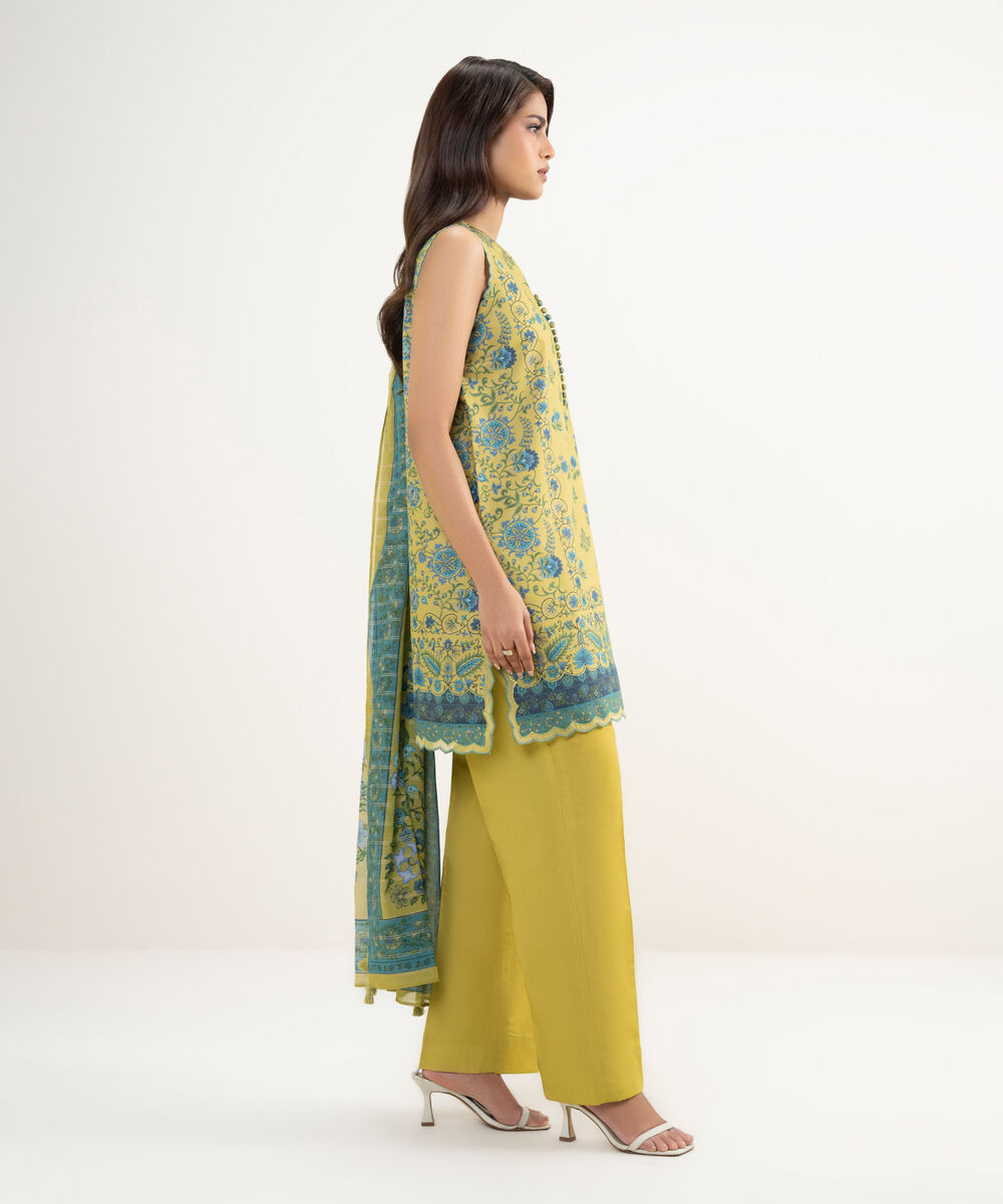 Women's Unstitched Zari Lawn Yellow Printed 3 Piece Suit