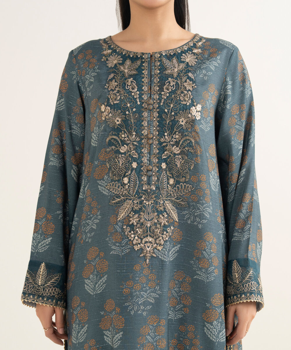 Women's RTW Dobby Embroidered Green 3 Piece Suit