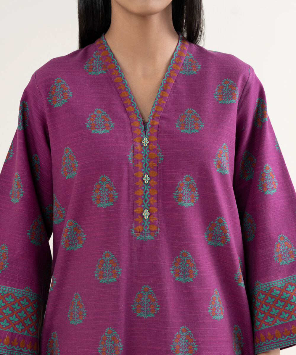 Women's Unstitched Printed Cotton Magenta 3 Piece Suit