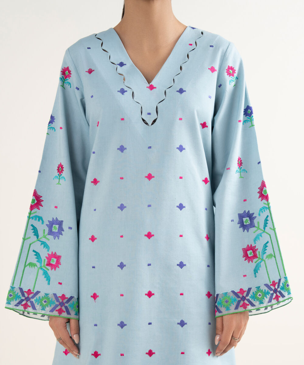 Women's Unstitched Cotton Viscose Embroidered Blue 3 Piece Suit