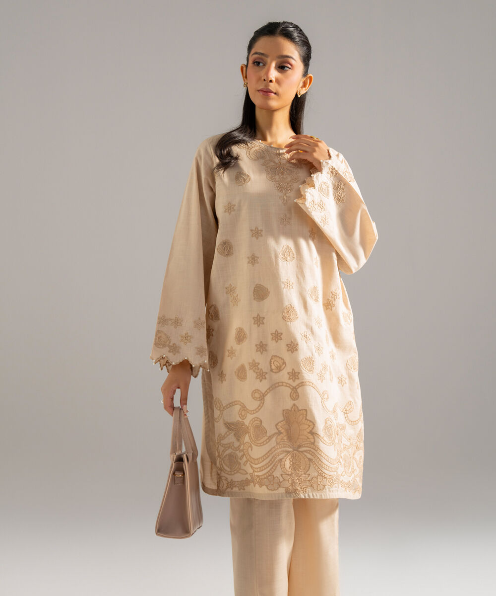 Women's RTW Cross Hatch Solid Embroidered Beige 2 Piece Suit