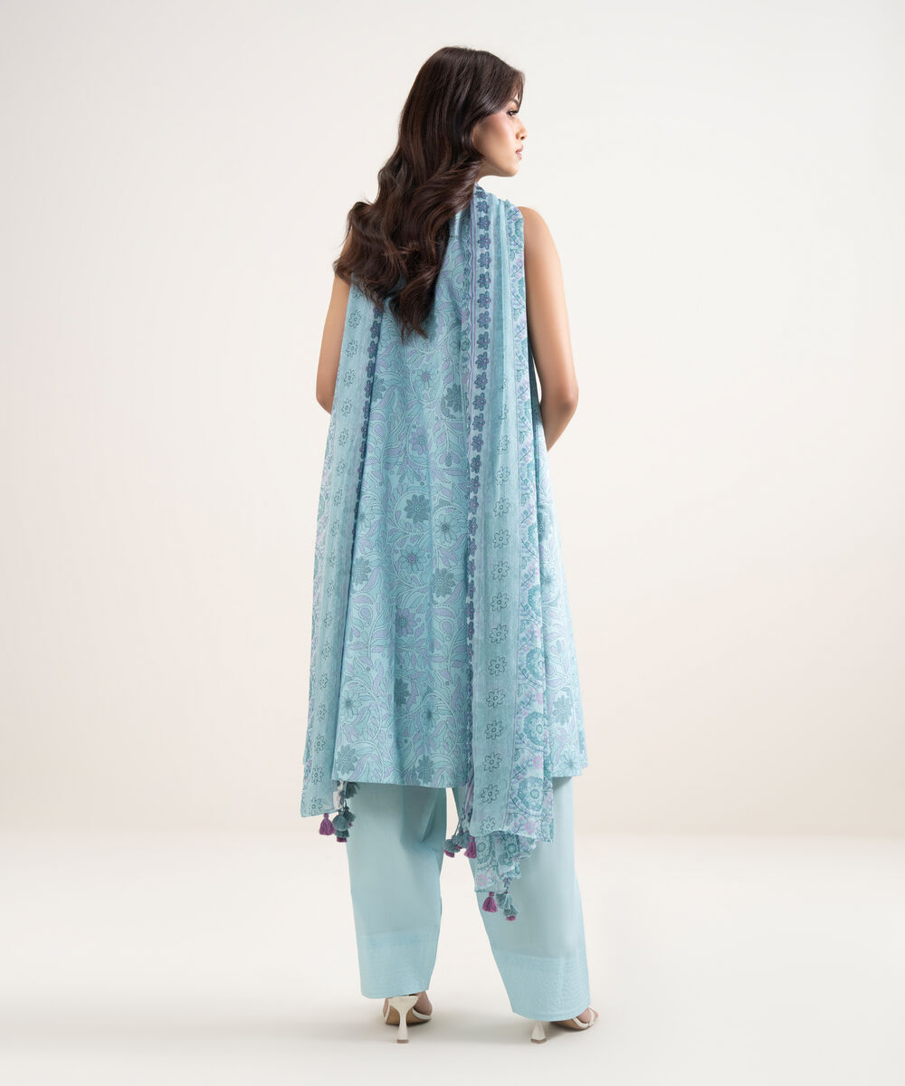 Women's Unstitched Lawn Blue Printed 3 Piece Suit