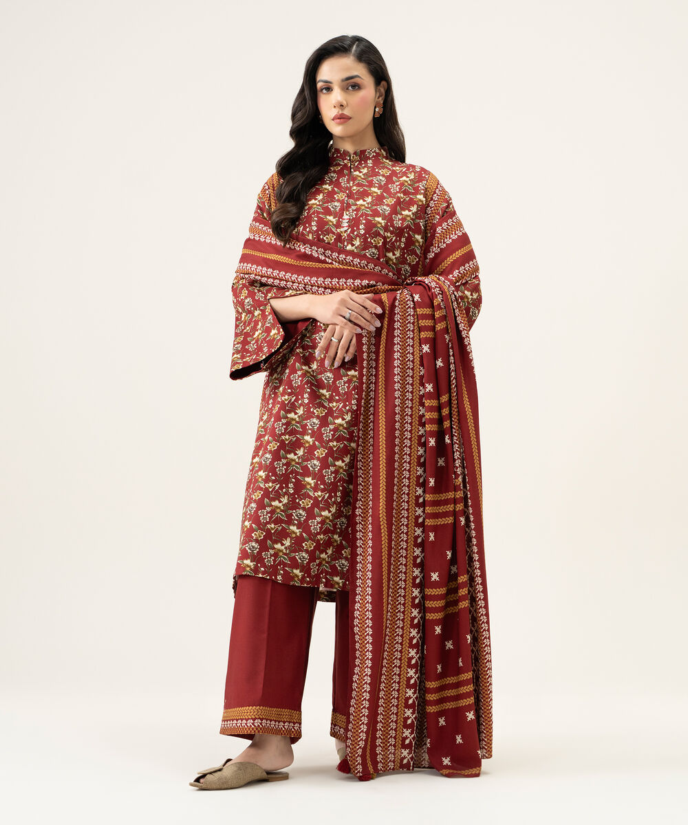 Womens Unstitched Viscose Linen Printed Red 3 Piece Suit