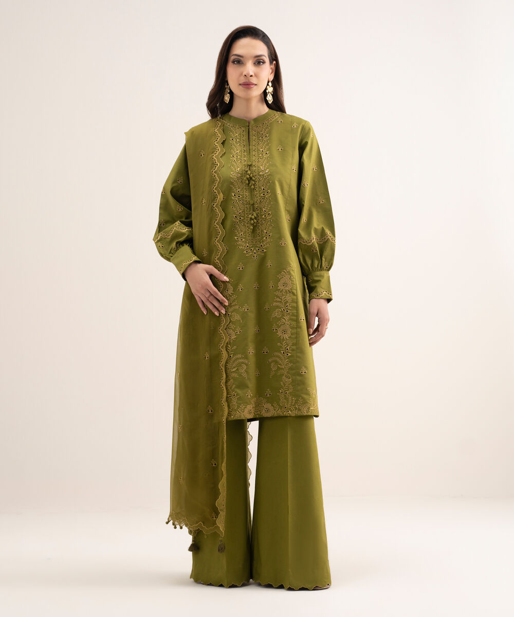 Women's Unstitched Textured Lawn Embroidered Green 3 Piece Suit