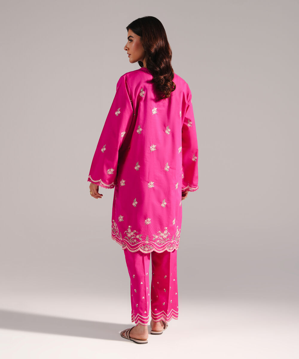 Women's RTW Slub Lawn Embroidered Pink 2 Piece Suit