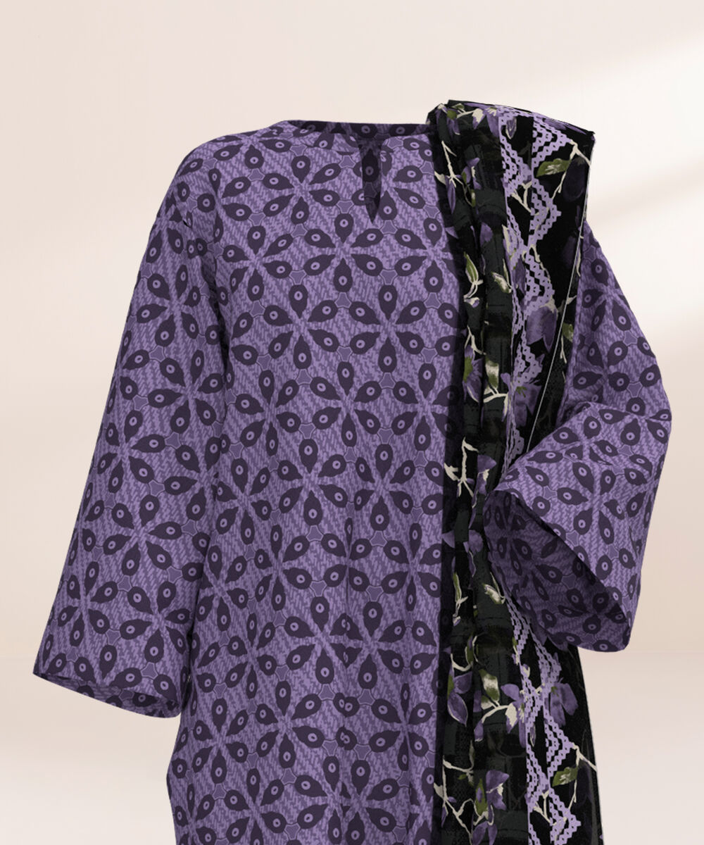Women's Three Piece Printed Mauve Lawn Suit