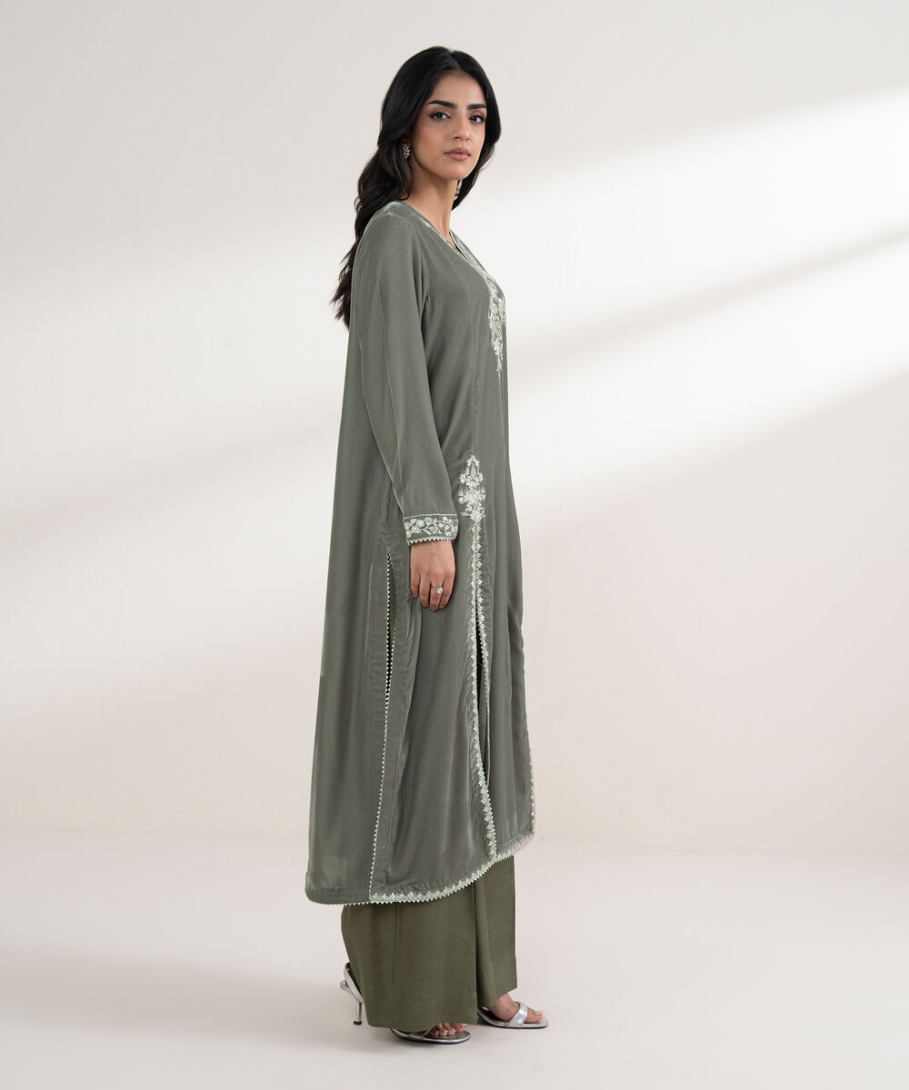 Women's RTW Velvet Embroidered Grey Straight 2 Piece Suit