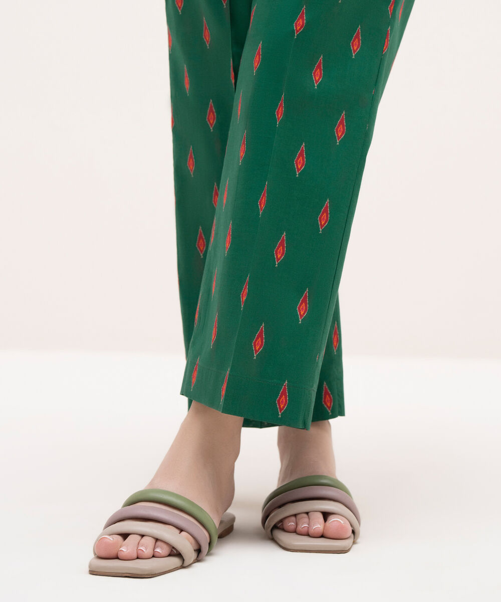 Women's RTW Cambric Green Printed Straight Pants