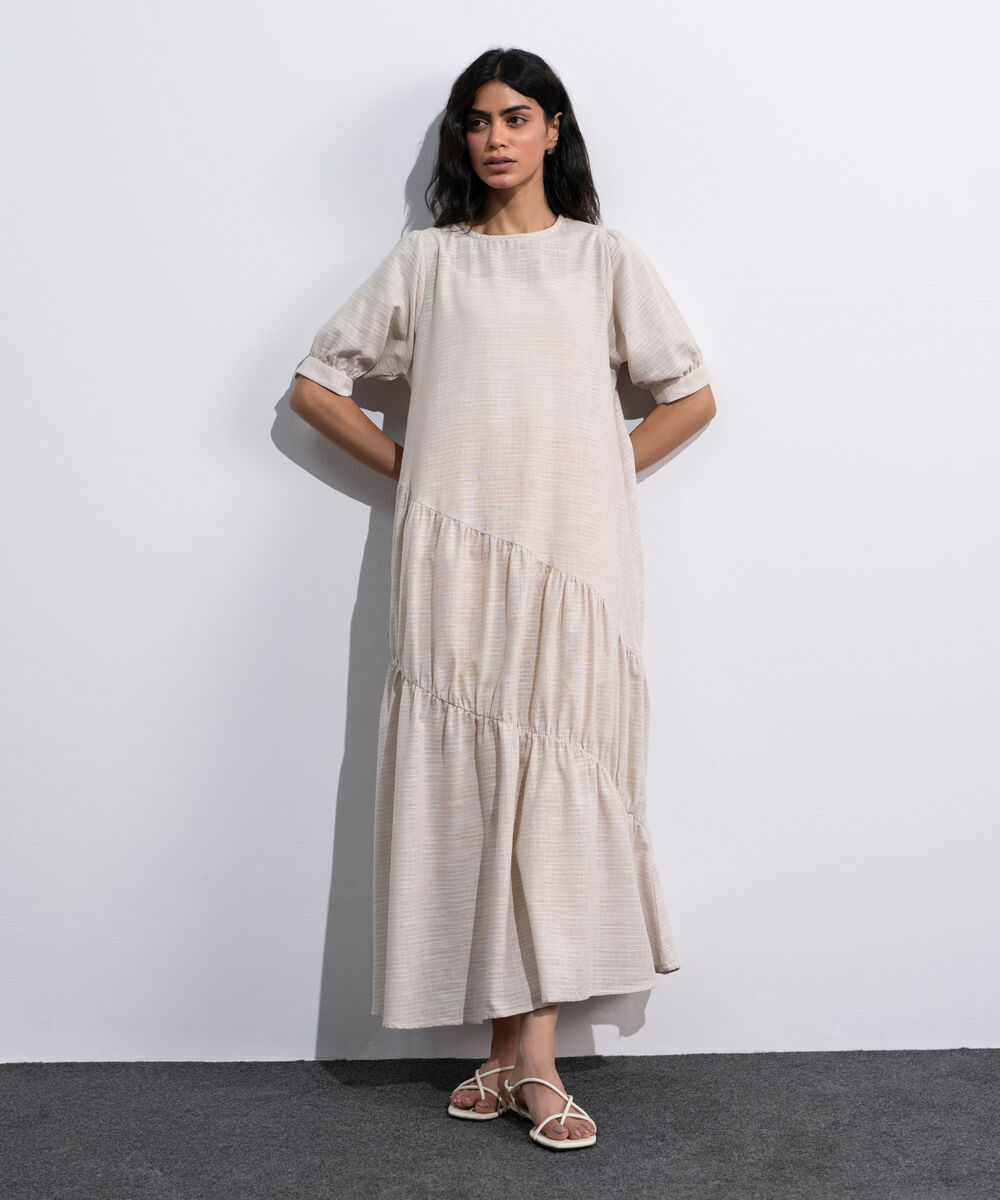 Women's Off White Asymmetrical Panels Midi Dress